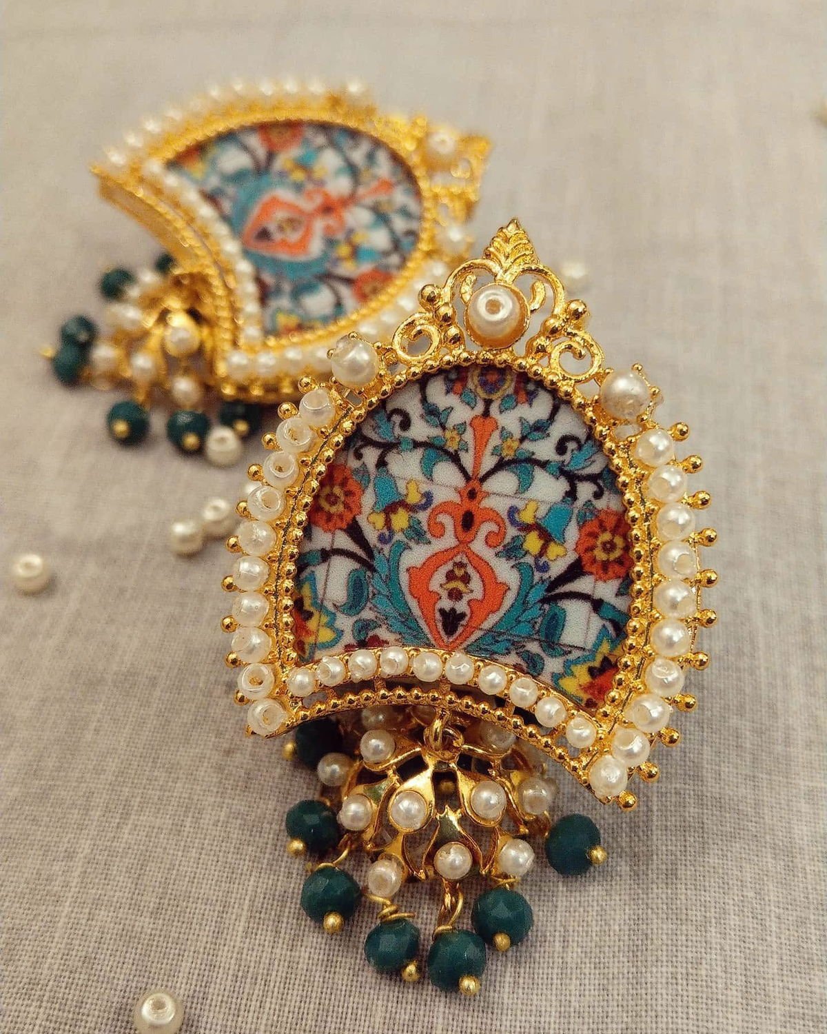 Turquoise Arabesque Earrings with Pearl Jhumka, from the Arabesque collection.