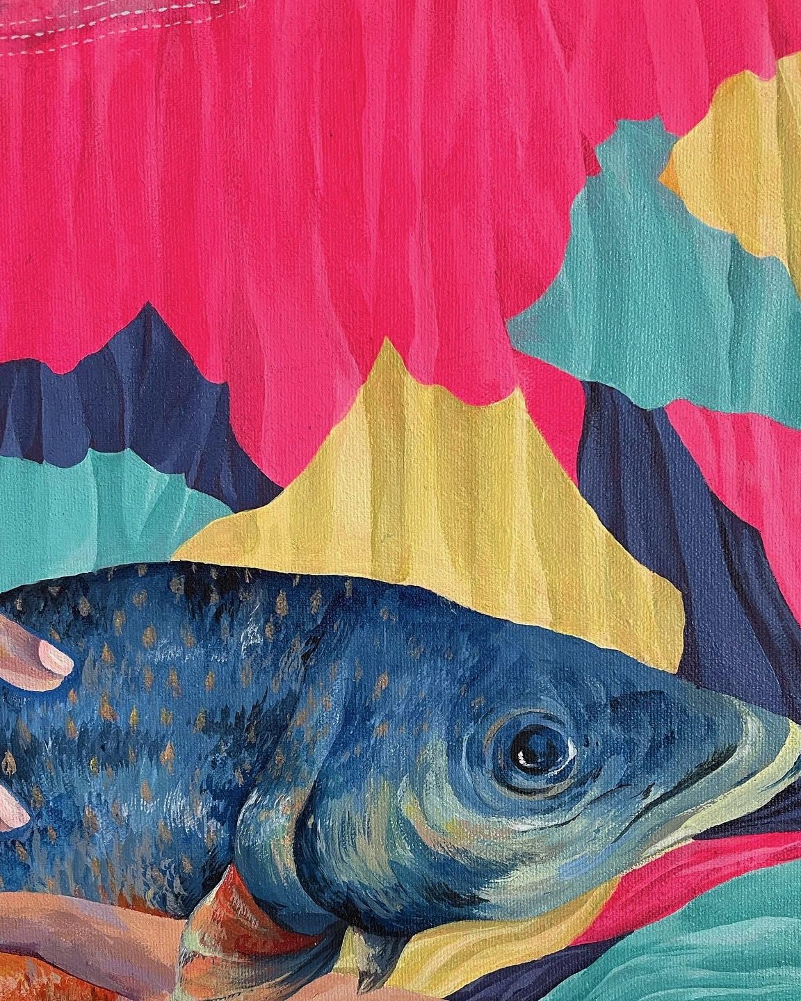 Detail of Woman with Fish, showing the fish's head and scales.