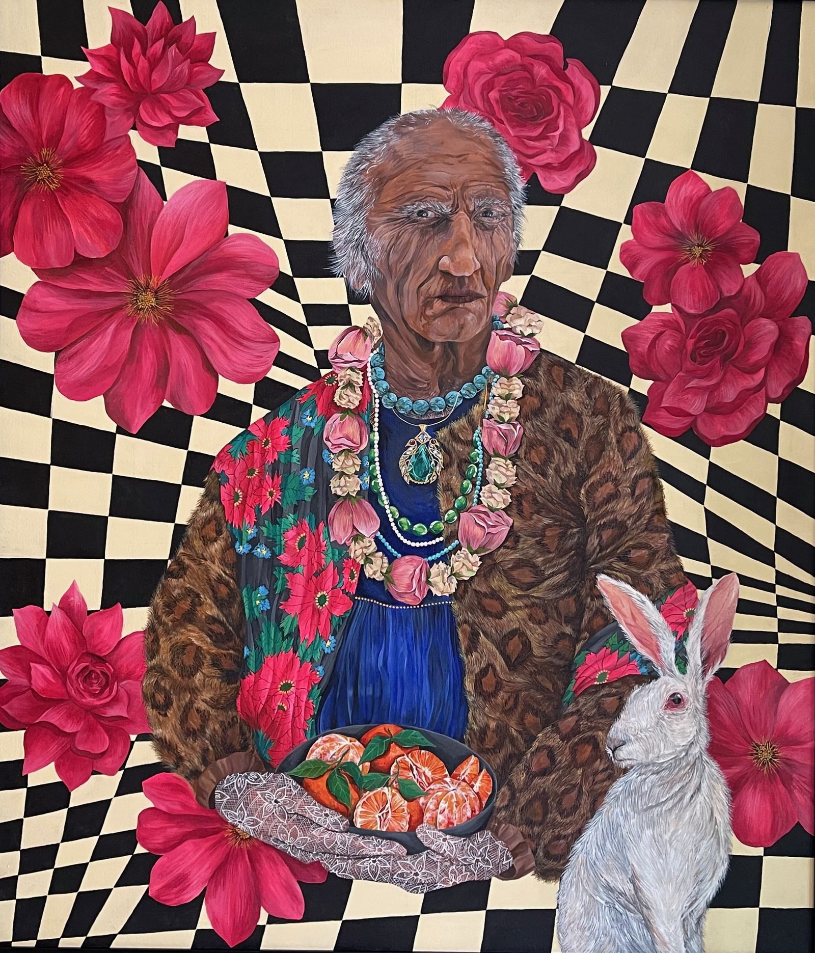 Man with Oranges: an acrylic canvas of a seated figure in a leopard-print coat and beaded necklaces, holding a bowl of oranges, with a white rabbit and pink flowers on a chequered ground.