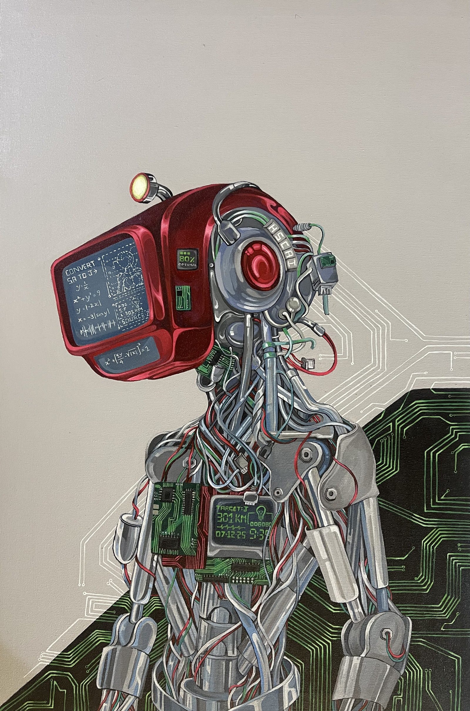 Untitled: an acrylic canvas of a humanoid figure built from wiring, circuit boards and polished metal, with a red monitor for a head, against a circuit-trace ground.
