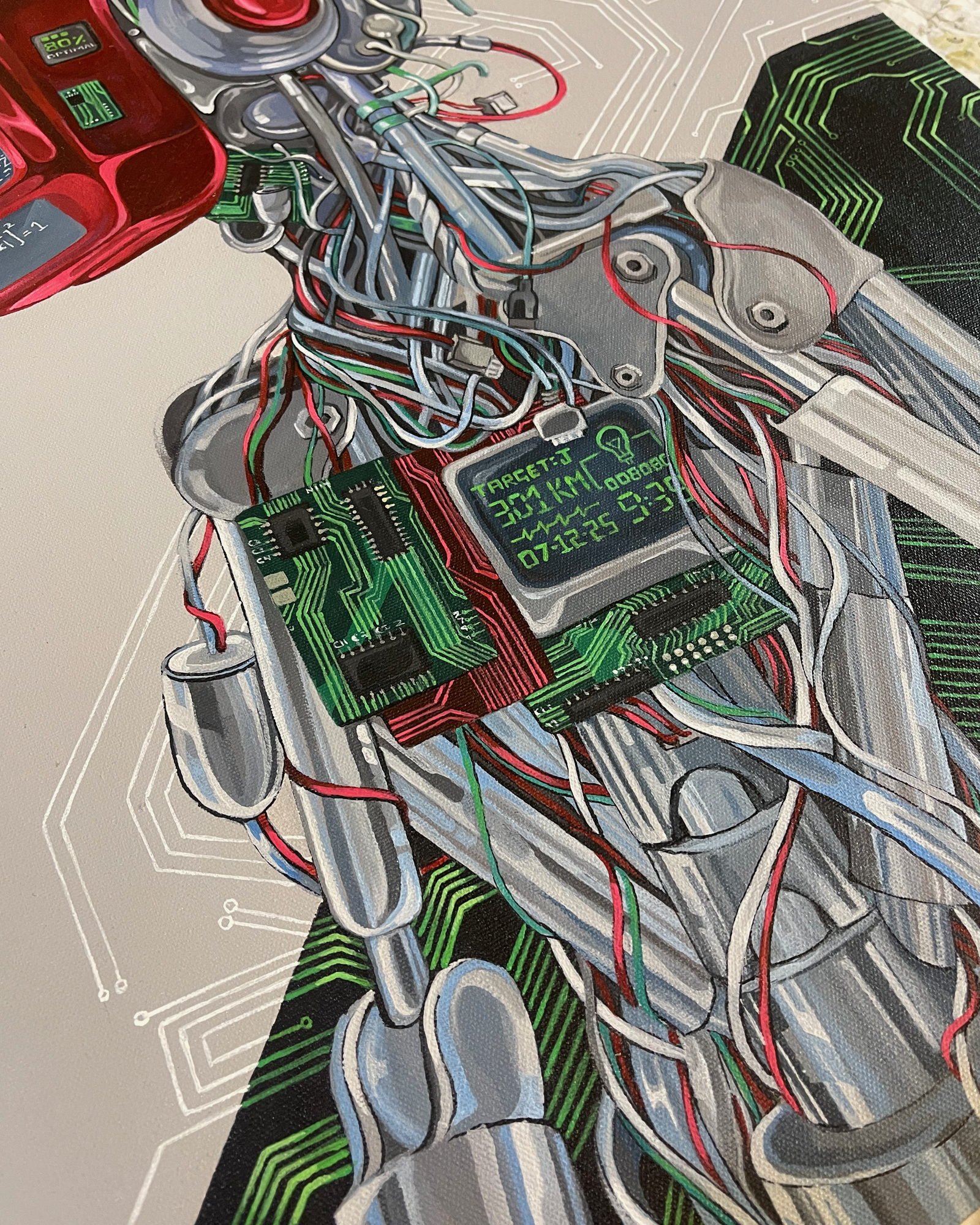 Detail of Untitled, showing the cabling and machined joints of the figure's shoulder and chest.