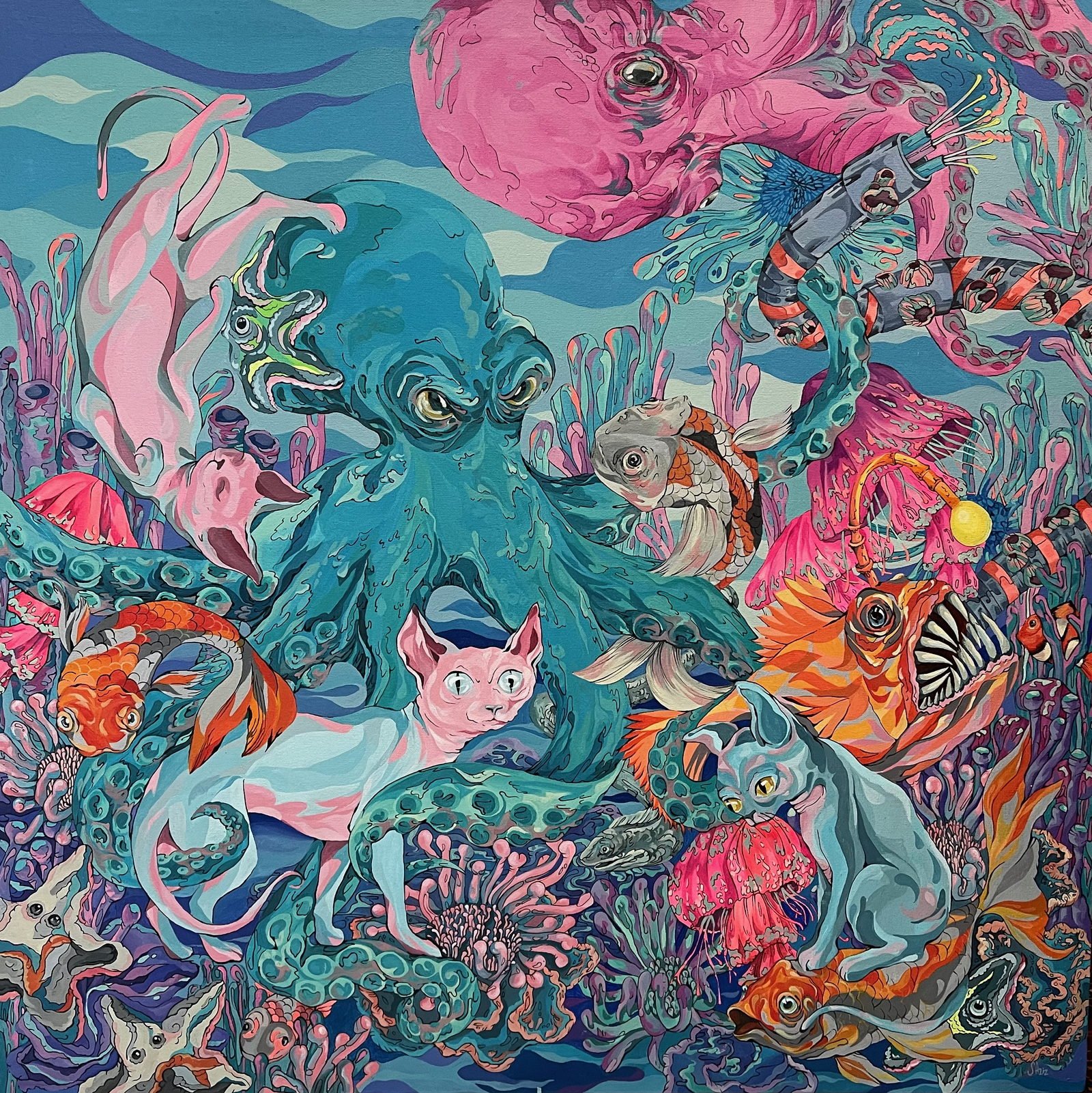 Underwater: an acrylic canvas dense with sea creatures - an octopus, fish, cats and coral - in pink, teal and orange.