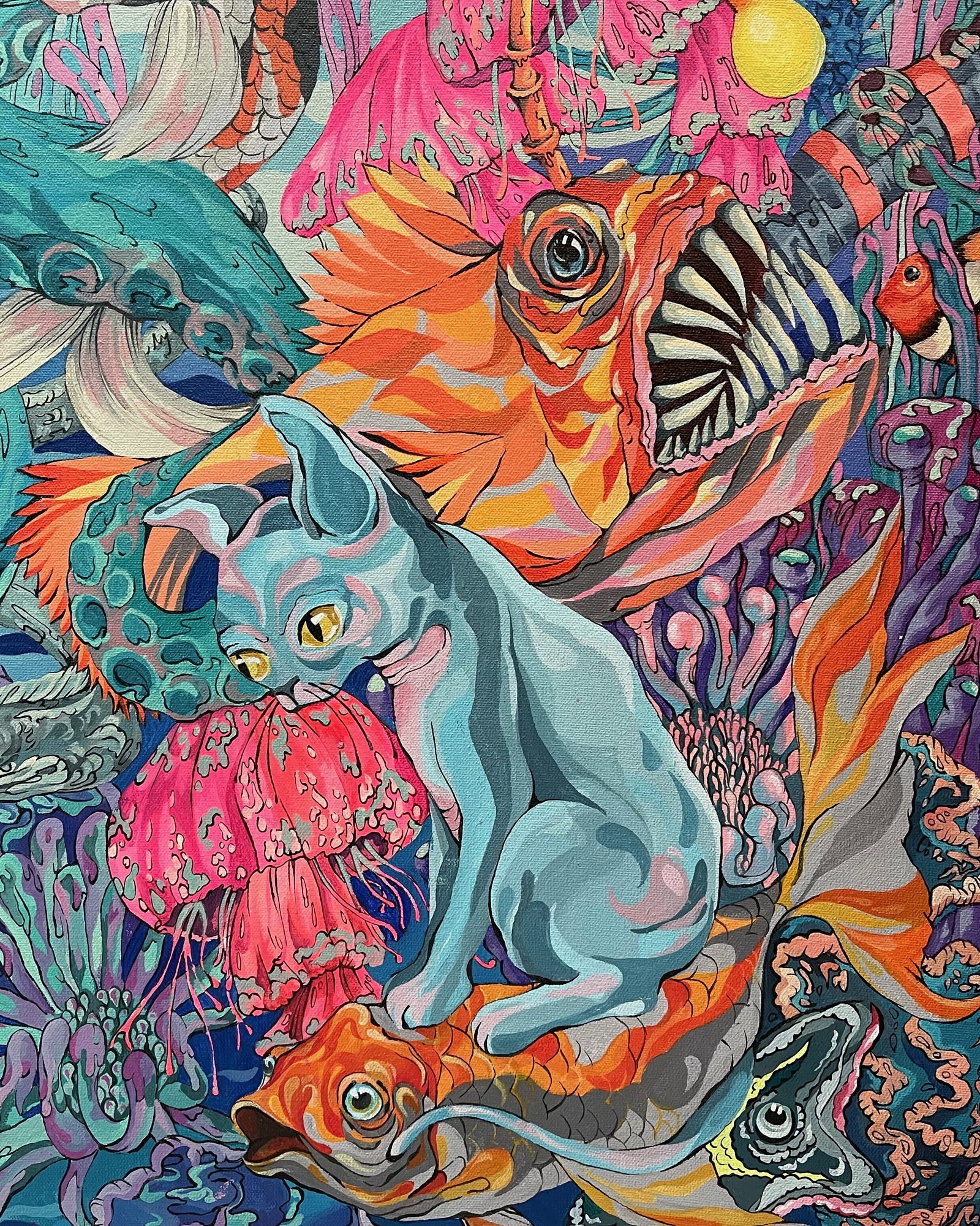 Detail of Underwater, showing an angelfish and cat among coral and anemones.