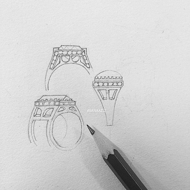 Jewellery design study in pencil and pen on paper, drawing 09.