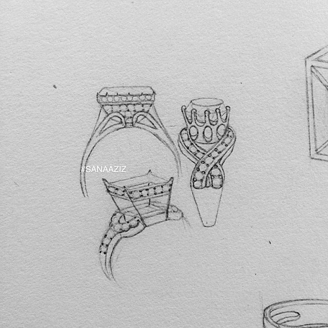 Jewellery design study in pencil and pen on paper, drawing 14.