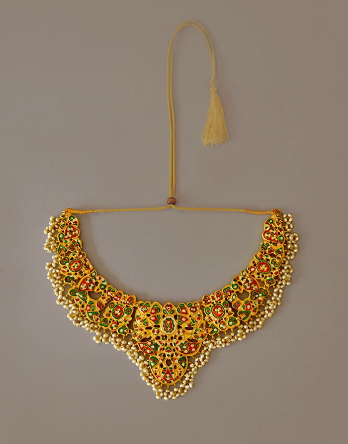 Enameled back with pearl fringe, Peacock Necklace Set, from the Mumtaz collection.