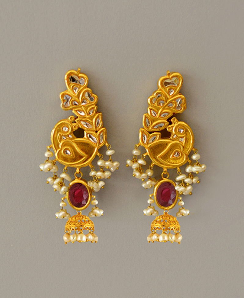 Peacock Earrings with Ruby Cabochons and Pearls, from the Mumtaz collection.